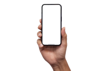 Hand holding the PNG of smartphone iphone with blank screen and modern frameless design, hold Mobile phone on transparent background Ideal for marketing, app design : Bangkok, Thailand - July 13, 2022