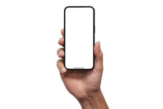 Hand holding the PNG of smartphone iphone with blank screen and modern frameless design, hold Mobile phone on transparent background Ideal for marketing, app design : Bangkok, Thailand - July 13, 2022