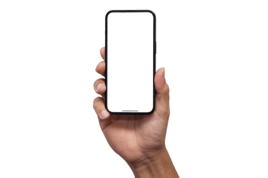 Hand holding the PNG of smartphone iphone with blank screen and modern frameless design, hold Mobile phone on transparent background Ideal for marketing, app design : Bangkok, Thailand - July 13, 2022