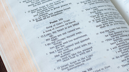 Psalm 131 in an open Holy Bible Book. A closeup. Old testament Scripture, trust in God Scripture...
