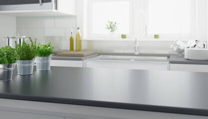 Modern kitchen with aromatics plants, 3d rendering