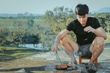 Series photo of happy young man roast meat ,grill a beef by coke oven