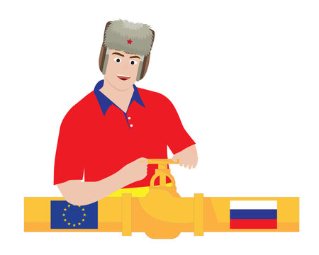 Industrial worker closed oil pipeline valve. Fuel gas pipeline with flags transport from Russia to European EU. Vector and illustration design.