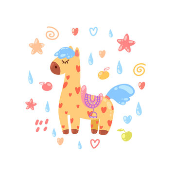 Vector image of cute orange horse with red hearts surrounded with carrots, stars, hearts, apples and swirls. Image for kids apparel and stuff.