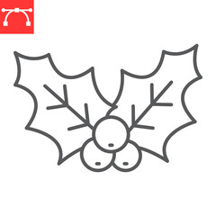 Christmas holly berry line icon, holiday and decoration, holly berry christmas vector icon, vector graphics, editable stroke outline sign, eps 10.