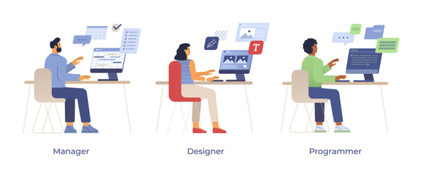 Employees work at their computers. Various IT specialists: developer, programmer, manager, analyst, and designer. Collection of cartoon male and female characters. Vector illustration in flat design. 