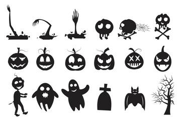 Halloween celebration with pumpkin silhouette, ghost hand, boo, zombie, bat, grave and dry tree