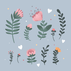 Floral set with ten different flowers. Vector illustration in pastel colors
