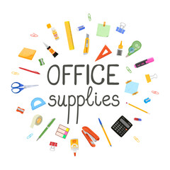 Vector colorful banner with illustrations of office supplies and hand drawn lettering