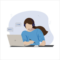 Fototapeta na wymiar Online operator. Online assistant. Female character working with laptop . Illustration in flat style.