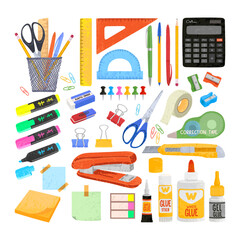 Vector colorful illustrations of office supplies and hand drawn lettering