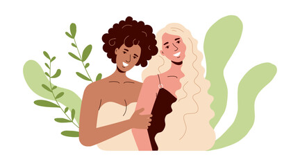 Colored girls smile in eco style. Lesbians smile, lgbt family.