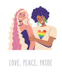 Lesbians hug. dark and white women are smiling happily. Rainbow LGBT flag on the T-shirt. LOve. peace. pride