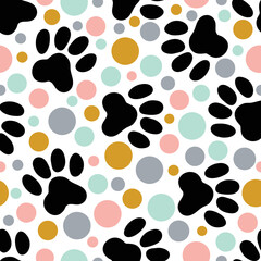 Paw prints. Funny children's seamless pattern. Can be used in textile industry, paper, background, scrapbooking.Vector.