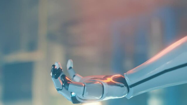 Robot hand, palm opening. Concept of AI (artificial intelligence), robotics, science and technology progress, machine learning