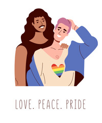 Two gay men smile and hug. Interracial lgbt, rainbow flag and love