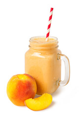 Peach smoothie of fresh peach and yogurt in a glass jar isolated on a white background. - 522810178