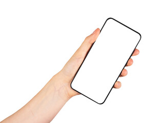 Hand holding phone mockup in rotated position isolated on white background. Telephone template with...