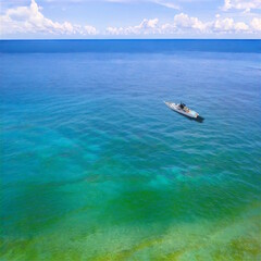 Fototapeta na wymiar 南の海 透明な海 緑の海 浮かぶ小舟 ボート クルーザー ヨット