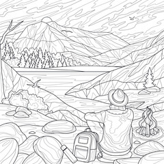 The guy sits by the fire and looks at the mountains.Coloring book antistress for children and adults. Illustration isolated on white background.Zen-tangle style. Hand draw