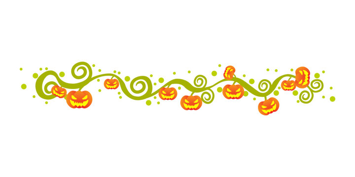 Cartoon Halloween decorative border with orange smile pumpkin and vine grass design. Isolated on white background, flat design, vector, EPS10