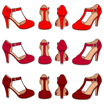 Set of color illustrations with red female shoes with clasp on the heel. Isolated vector objects on white background.