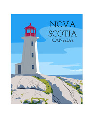 Peggy's cove Lighthouse Nova Scotia poster color vector graphic
