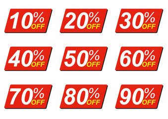 set of red tags 10, 20, 30, 40, 50, 60, 70, 80, 90, Percentage OFF Sale Discount Tag	