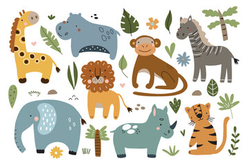 Cute wild safari african animals. Including lion, tiger, giraffe, elephant, monkey, zebra, rhinoceros, hippopotamus. Set of doodle characters in scandinavian style isolated on white background. - obrazy, fototapety, plakaty