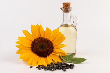 Sunflower oil in glass jug, seeds and flower isolated on white background