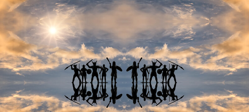 Two groups of well armed mythical Old Norse Viking warriors standing on the ice with their reflections, blue sky with clouds, bright sun, Valhalla and Odin theme, Norsemen myths, panoramic image