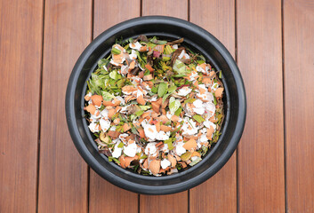 Composting pile of leaves and rotting kitchen scraps with eggshells garbage waste in black bucket on wooden floor..