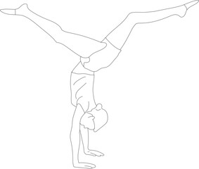 Vector line art gymnast. Sport human figure doing a headstand. 