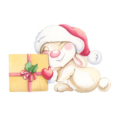 Cute bunny with a red hat and a gift. Watercolor illustration.