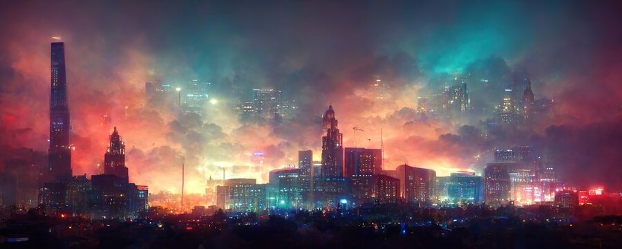 Night Cityscape In Neon Light And Clouds