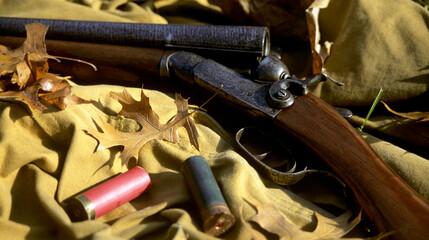 shotgun with shells with fall leaves