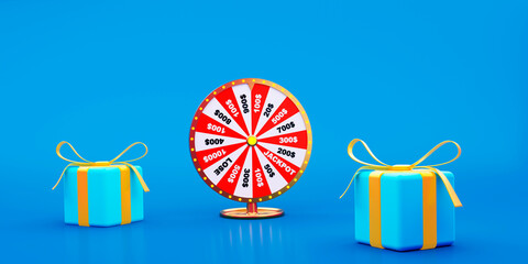 3D spinning fortune wheel gold color with gift boxes on blue background. Realistic 3d lucky roulette. Gambling concept design. Online casino. 3d rendering illustration..