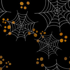 Halloween seamless pattern with spider web and gold blobs. Hand drawn style watercolor. Holiday Halloween illustration on black.