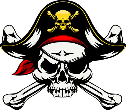 A skull and crossbones pirates jolly roger sign in pirate clothes eye patch and pirate hat