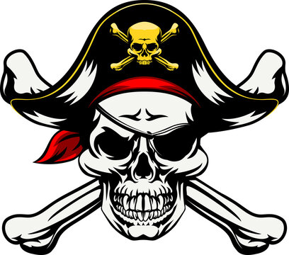 A skull and crossbones dressed in pirate costume with hat and eye patch