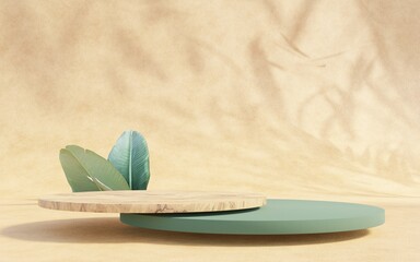 grass and wooden circle podium for product presentation,  leaf shadows on the wall, 3d render, 3d illustration