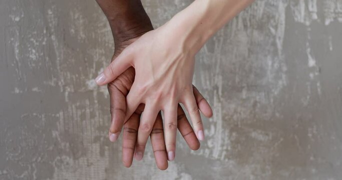 Close-up of the hands of a couple of an African man and a European girl, the concept of mixed family love. breakup relationship.