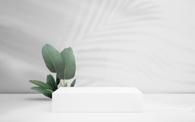 Beautiful minimalistic white podium display for modern luxury product presentation, minimal abstract design, with plants, and leaf shadows, 3d render