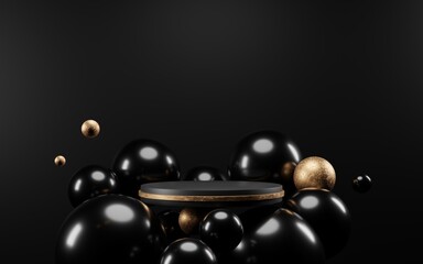 Podium display for modern luxury product presentation with black and golden spheres, 3d render, 3D illustration	