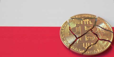 Fototapeta na wymiar Broken bitcoin on the flag of Poland. Legal issues and cryptocurrency regulations problems concepts, 3d rendering