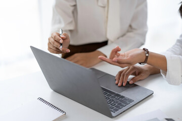 Female hands on laptop keyboard. Woman using laptop computer in office. Technology, business, distance studying, student lifestyle, meeting online, learning, internet marketing concept