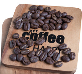 Roasted coffee beans and coffee text on wood tray isolated on white with clipping path