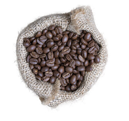 Roasted coffee beans in burlap bag isolated on white with clipping path