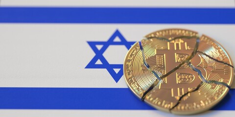 Broken bitcoin on the flag of Israel. Legal issues and cryptocurrency regulations problems concepts, 3d rendering