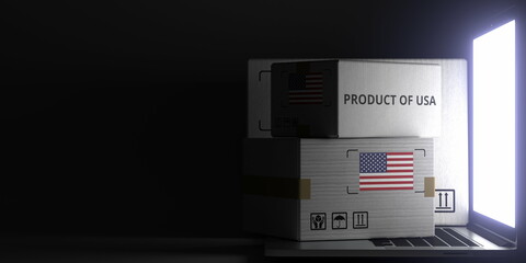 Cartons with PRODUCT OF USA text and flag on the laptop, black background. 3D rendering